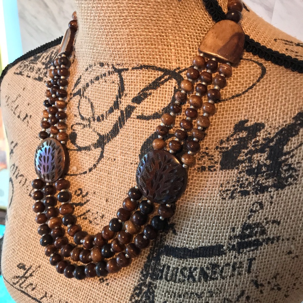 Unique Carved Wood Bead 24" Statement Necklace from Jordan